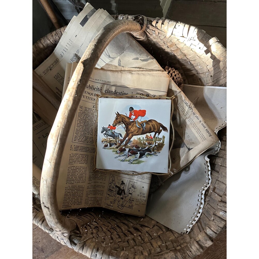 French Countryside Vintage Ceramic Trivet:Equestrian Scene Horses Dogs Running